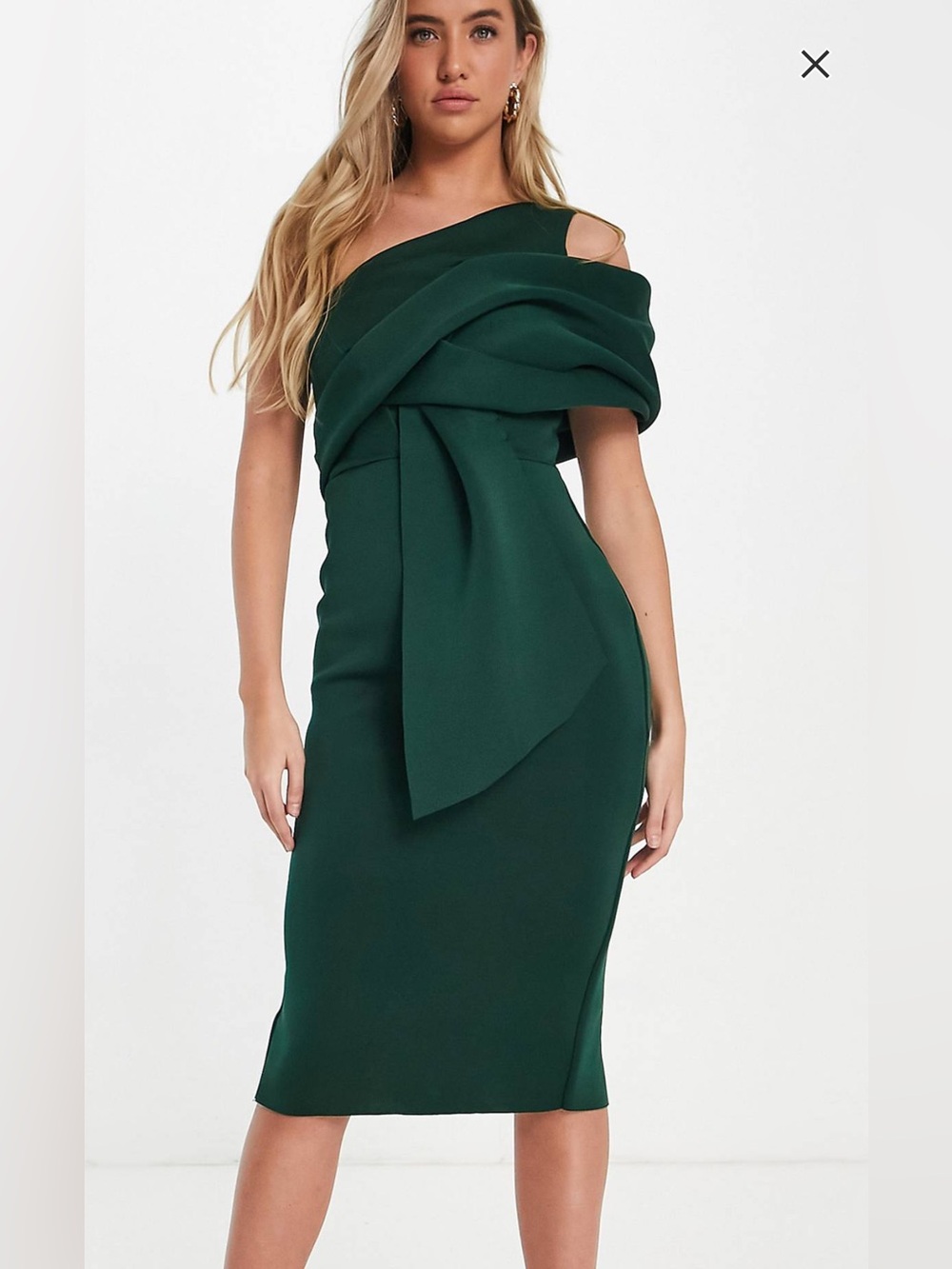 ASOS design peakaboo shoulder gathered midi pencil dress